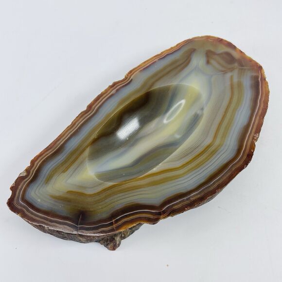 Agate Polished Geode Ashtray Trinket Dish Oval 7.25”x4” Shiny Stone Fossil VTG - Picture 1 of 8